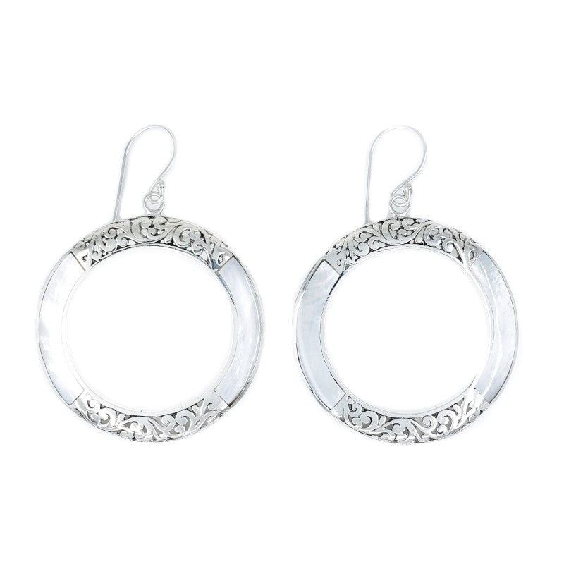 Large Round Mother of Pearl Hoop Earrings with Sterling Silver Filigree