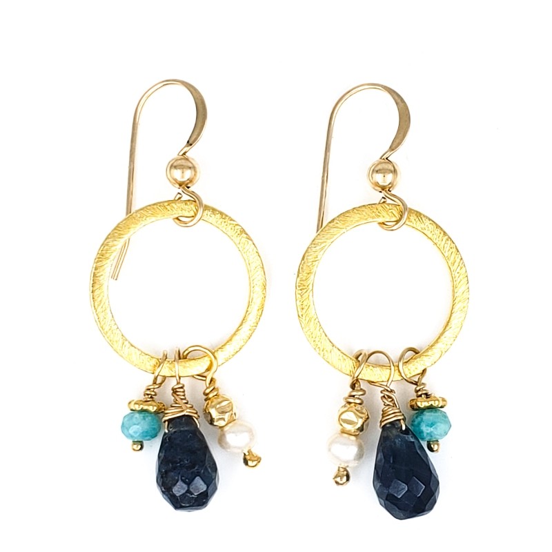 African Circon, Pearl, Amazonite & Gold Earrings