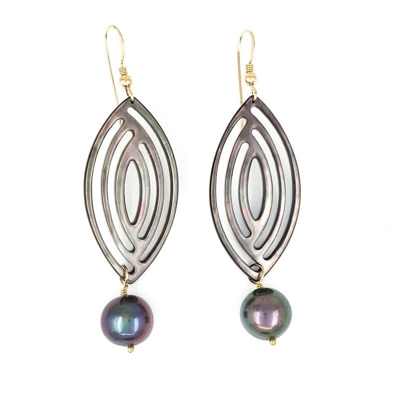 Long Tahitian Shell Earrings with Dark Freshwater Pearls