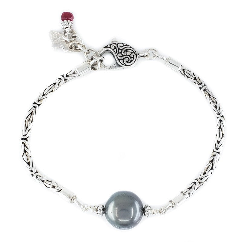 Handmade Sterling Silver Byzantine Bracelet with Tahitian Pearl