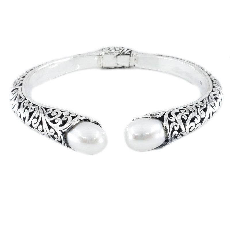 Sterling Silver Hinged Cuff Bracelet with White Freshwater Pearls