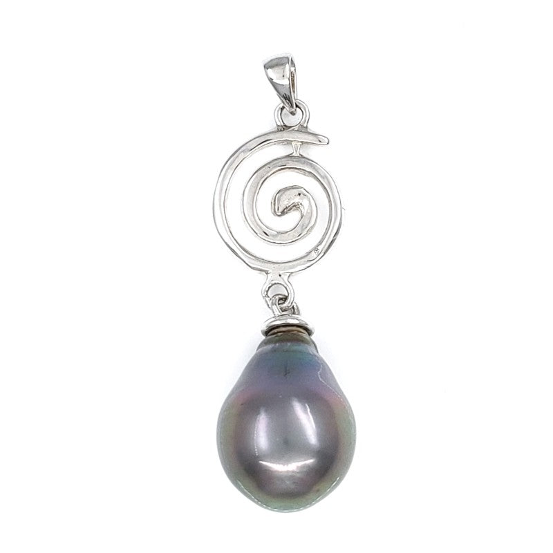 Sterling Silver Wave Pendant with 9mm Tahitian Pearl