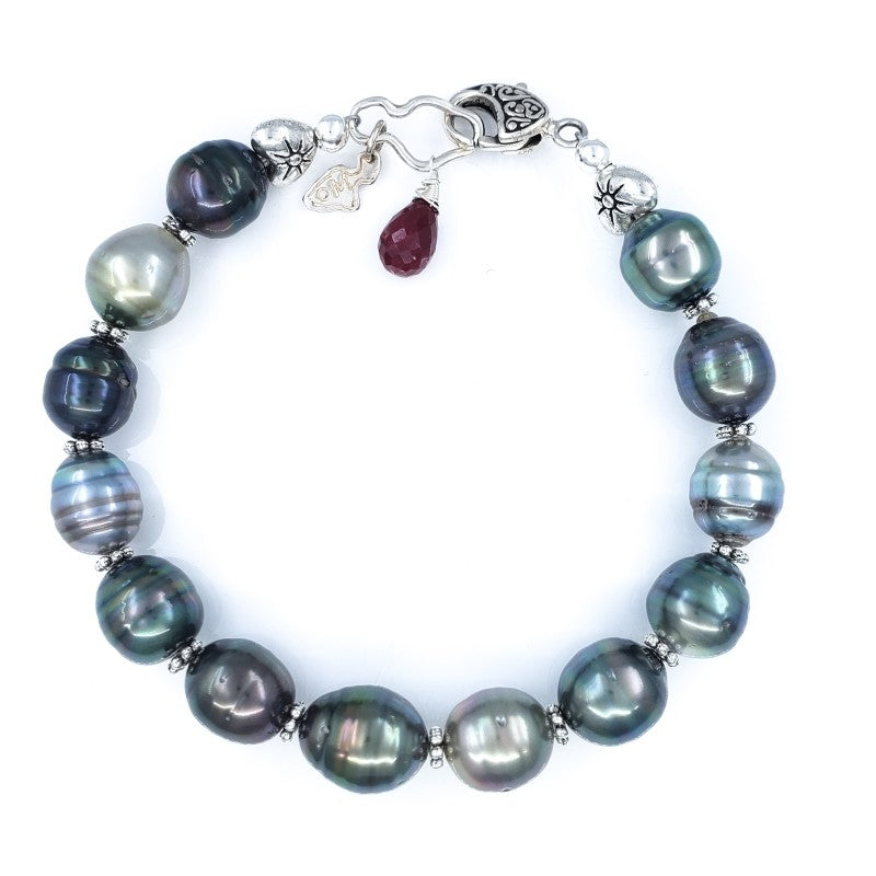 Tahitian Pearls, Ruby & Sterling Silver Bracelet