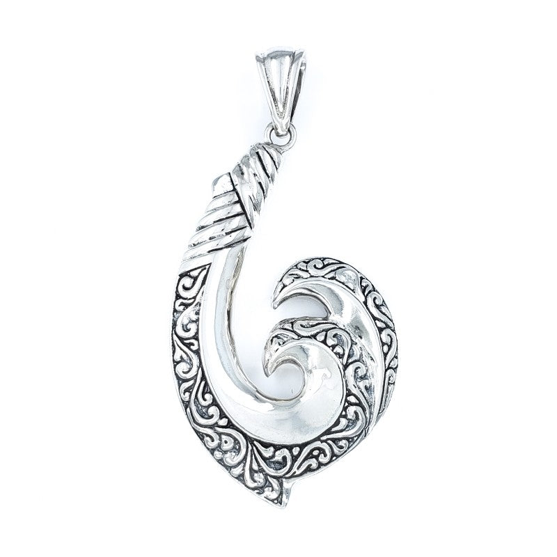 Ornate Sterling Silver Fish Hook Wave Pendant