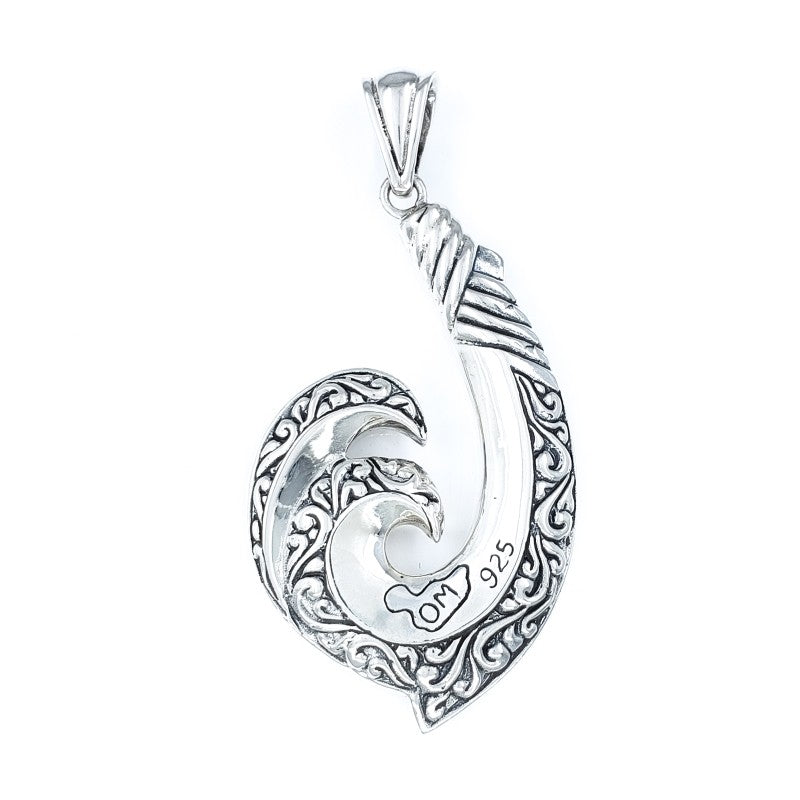 Ornate Sterling Silver Fish Hook Wave Pendant