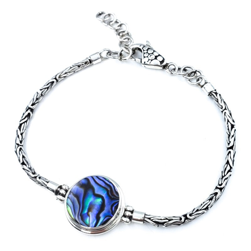 Round Abalone Shell & Sterling Silver Bracelet with Handmade Byzantine Chain