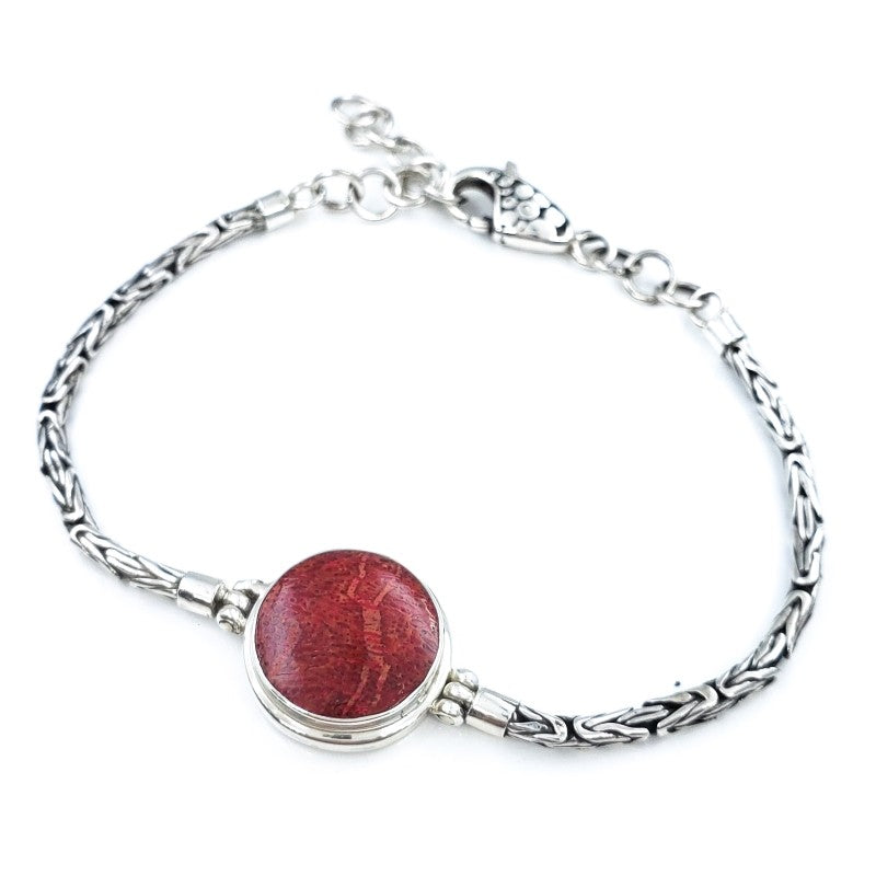 Round Red Coral & Sterling Silver Bracelet with Handmade Byzantine Chain