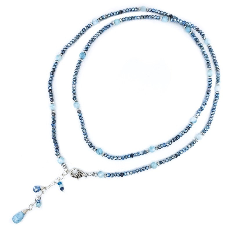 Long Blue Hematite Necklace with Larimar & Sterling Silver