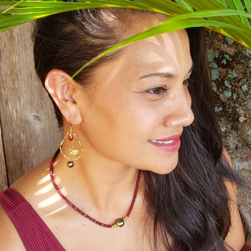 Long Tahitian Pearl Earrings with Rubies and Sand Dollar