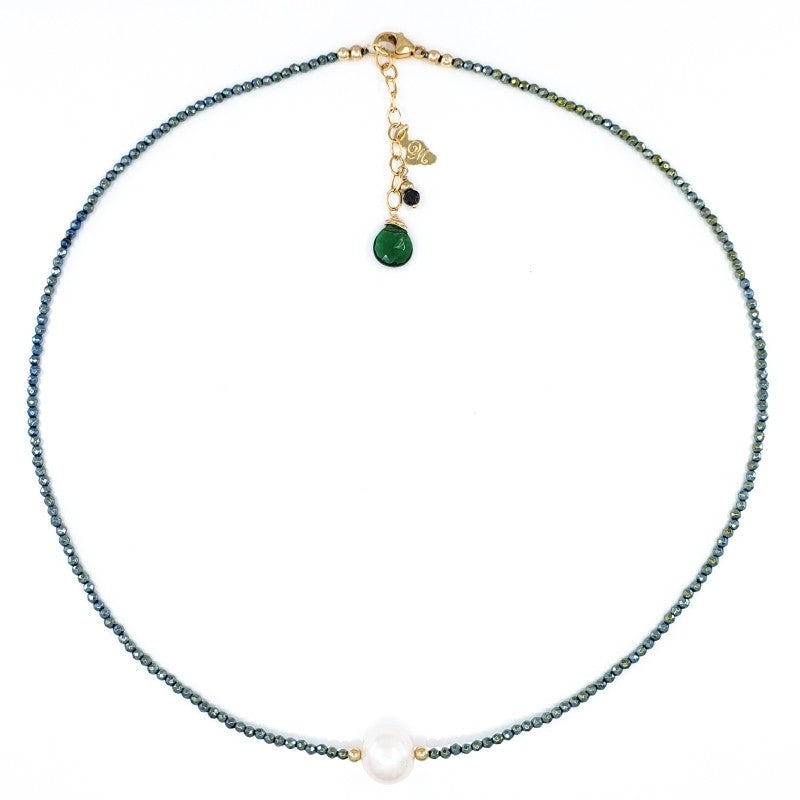 Green Hematite Necklace with 10mm White Freshwater Pearl