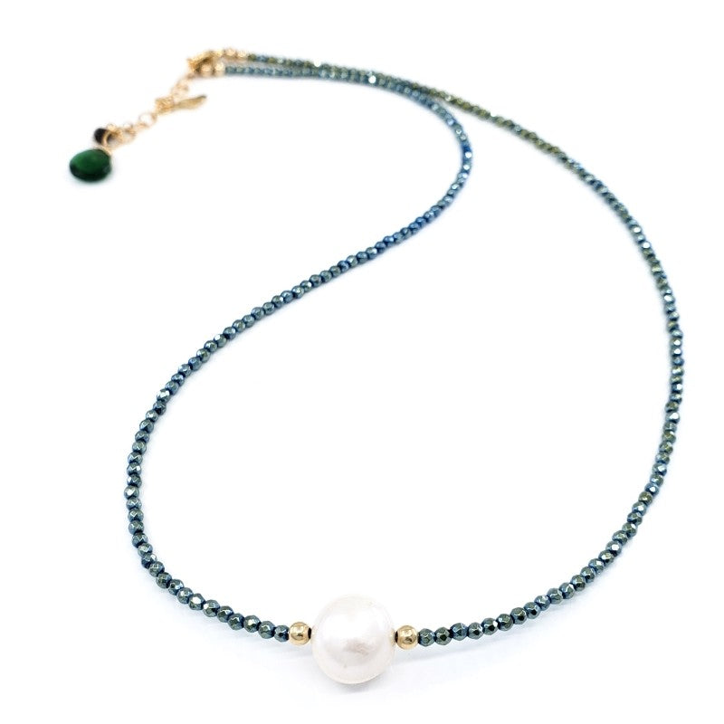 Green Hematite Necklace with 10mm White Freshwater Pearl