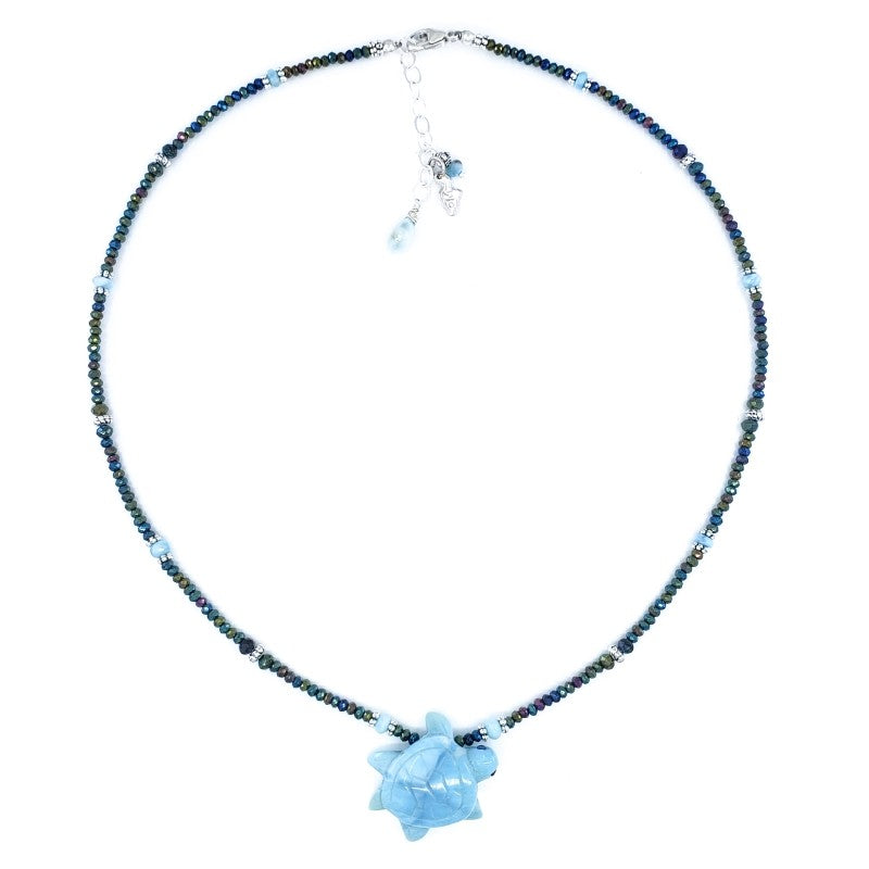 Hematite & Sterling Silver Necklace with Larimar Turtle