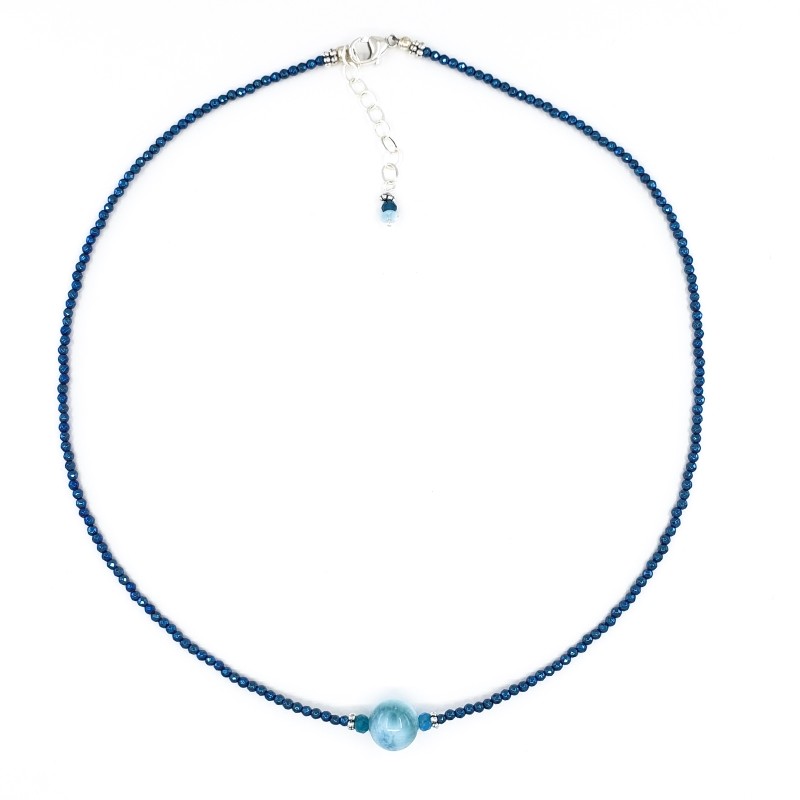 Blue Hematite & Sterling Silver Necklace with 10mm Larimar Bead and Apatite