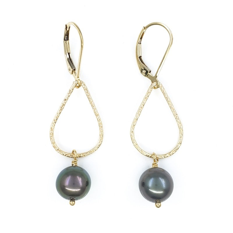 Droplet Gold Earrings with Peacock Tahitian Pearls