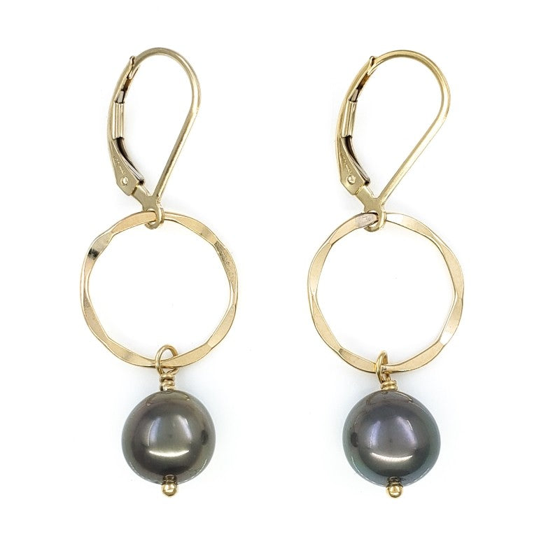 Round Gold Earrings with Peacock Tahitian Pearls