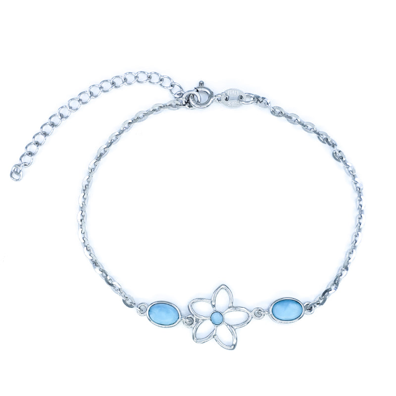 Small Sterling Silver Plumeria Flower Bracelet with Larimar