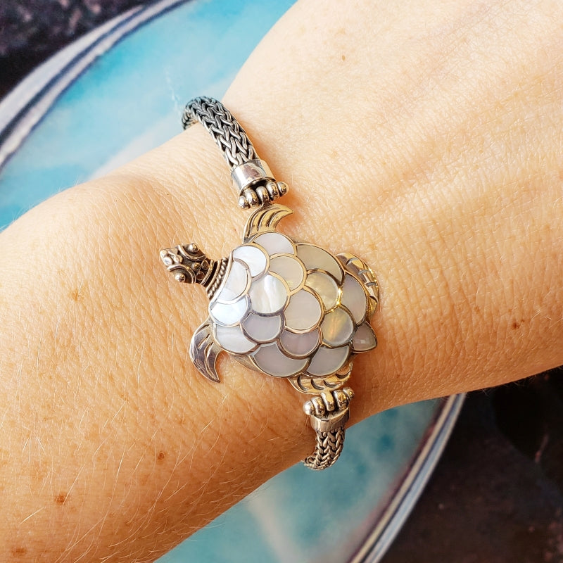 Sterling Silver Turtle Bracelet with White Mother of Pearl