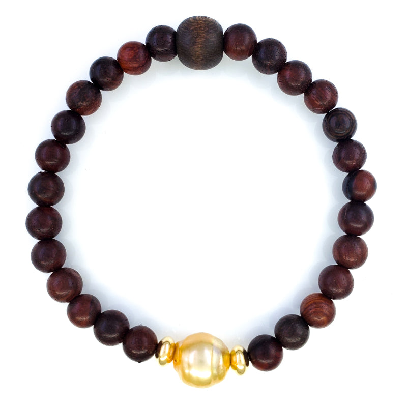 Monkeypod Wood Bead Bracelet with 9-10mm Golden Edison Pearl