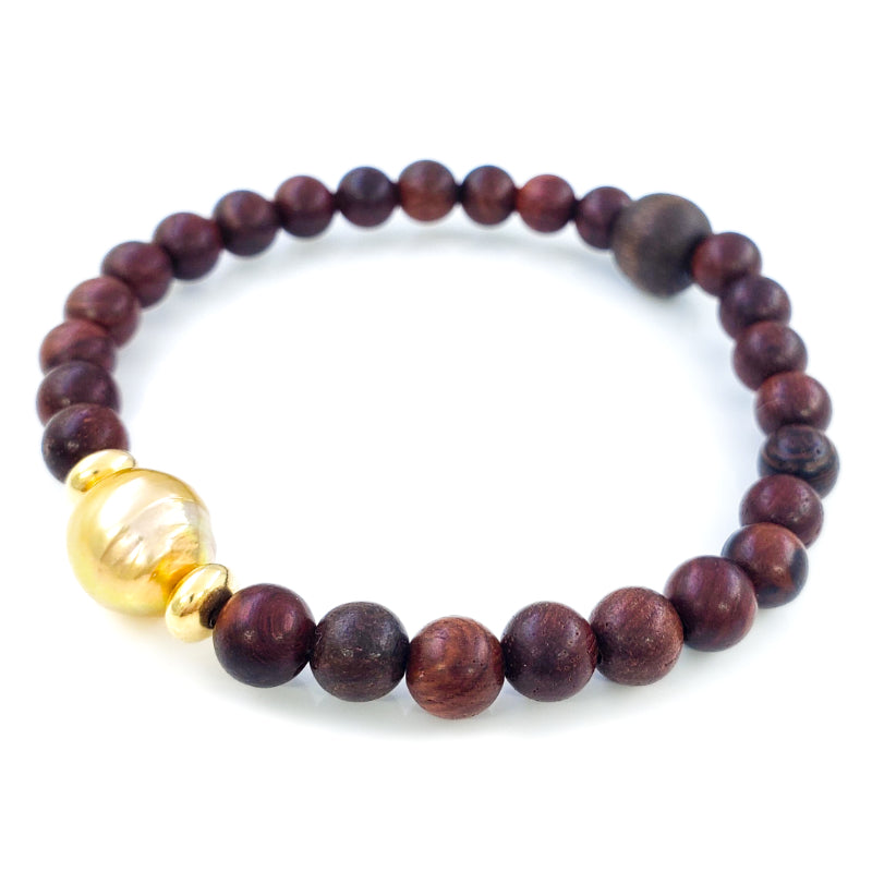 Monkeypod Wood Bead Bracelet with 9-10mm Golden Edison Pearl