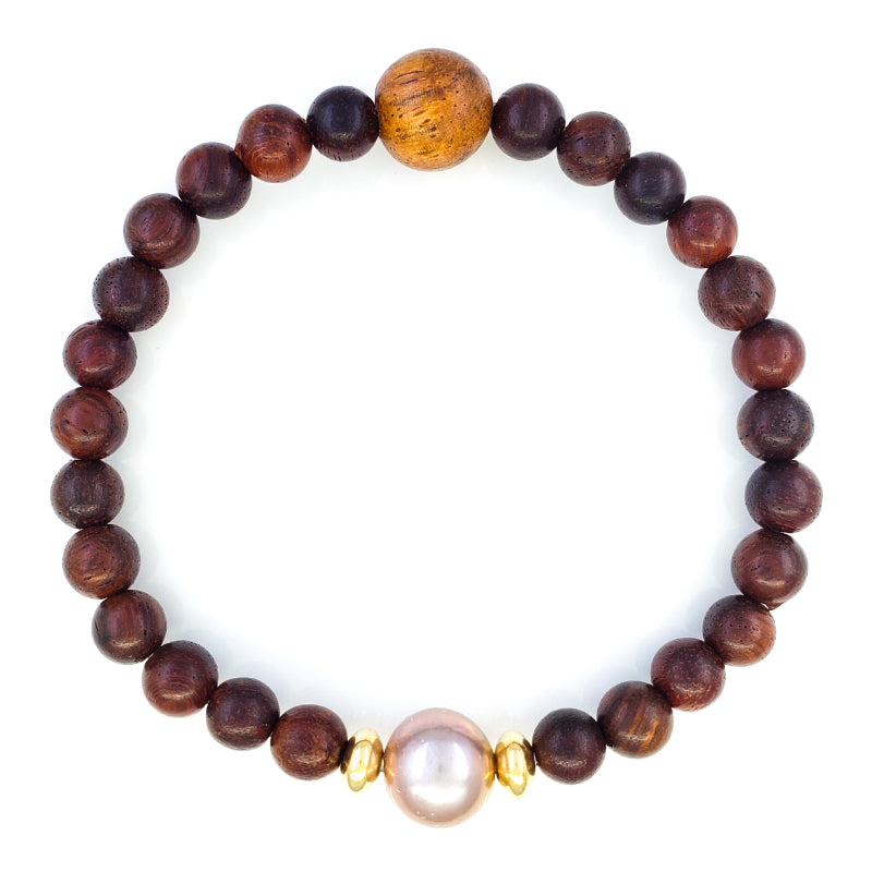 Monkeypod Wood Bead Bracelet with 10-11mm Pink Edison Pearl