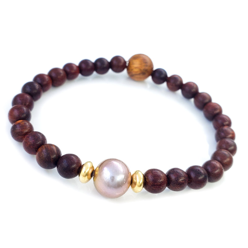 Monkeypod Wood Bead Bracelet with 10-11mm Pink Edison Pearl