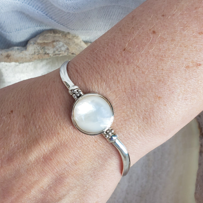 White Mother of Pearl Bracelet with Wavy Sterling Silver Band