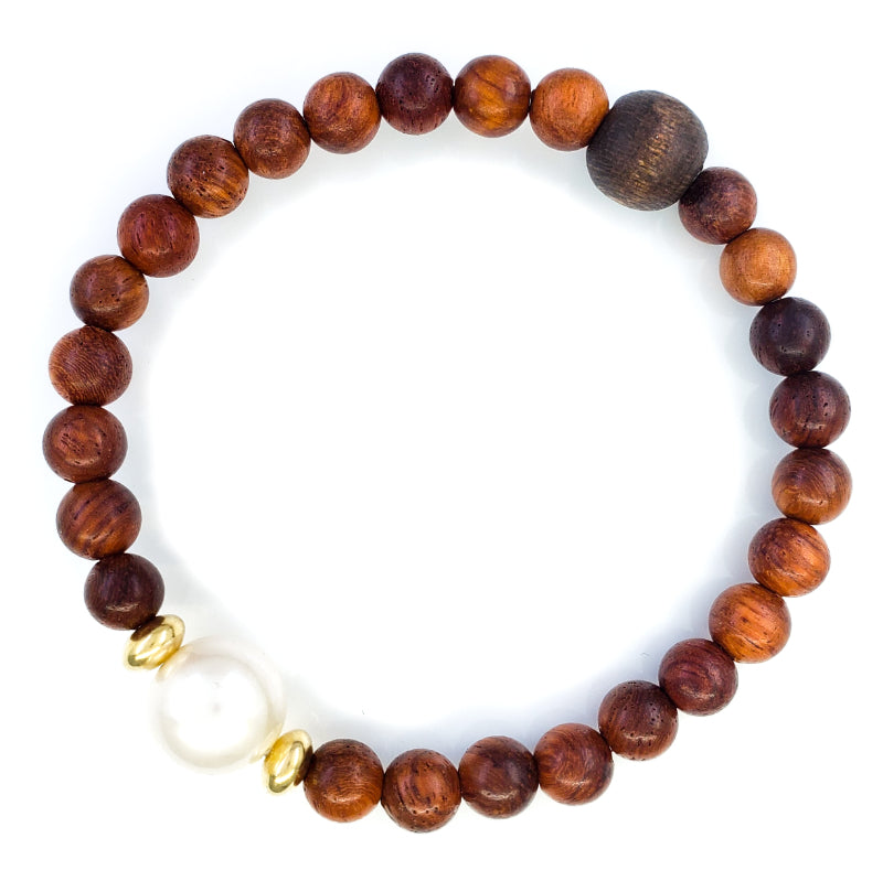 Monkeypod Wood Bead Bracelet with 10-11mm White Edison Pearl