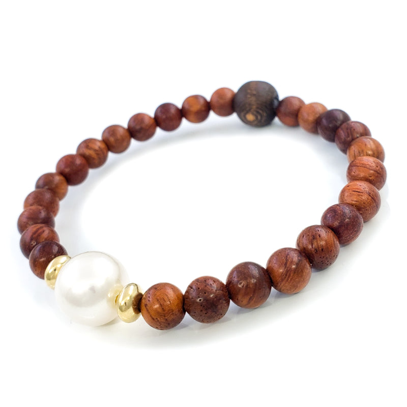 Monkeypod Wood Bead Bracelet with 10-11mm White Edison Pearl