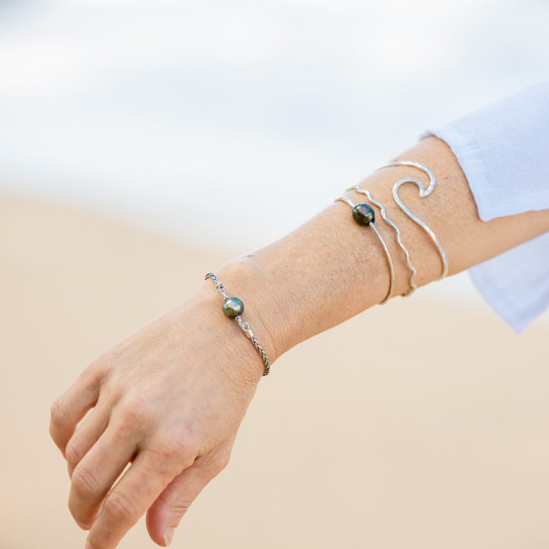 Handmade Sterling Silver Wheat Bracelet with Tahitian Pearl