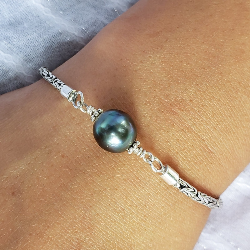 Handmade Sterling Silver Byzantine Bracelet with Tahitian Pearl