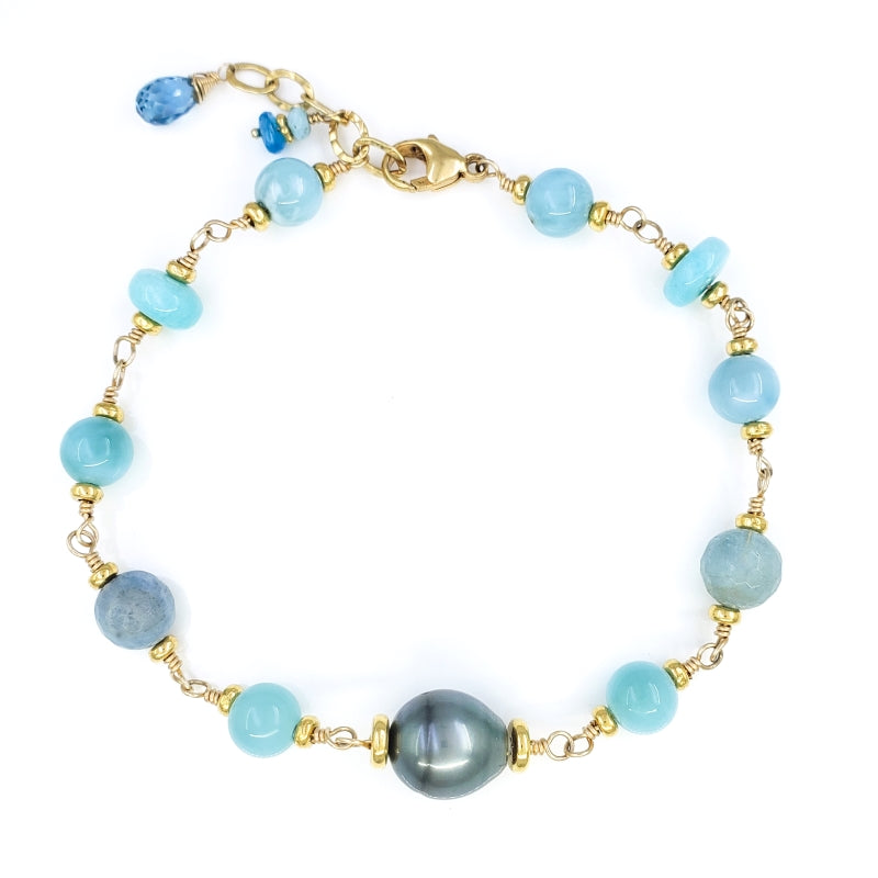 Larimar, Amazonite & Chalcedony Bracelet with 10mm Gray Tahitian Pearl