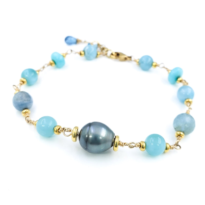 Larimar, Amazonite & Chalcedony Bracelet with 10mm Gray Tahitian Pearl