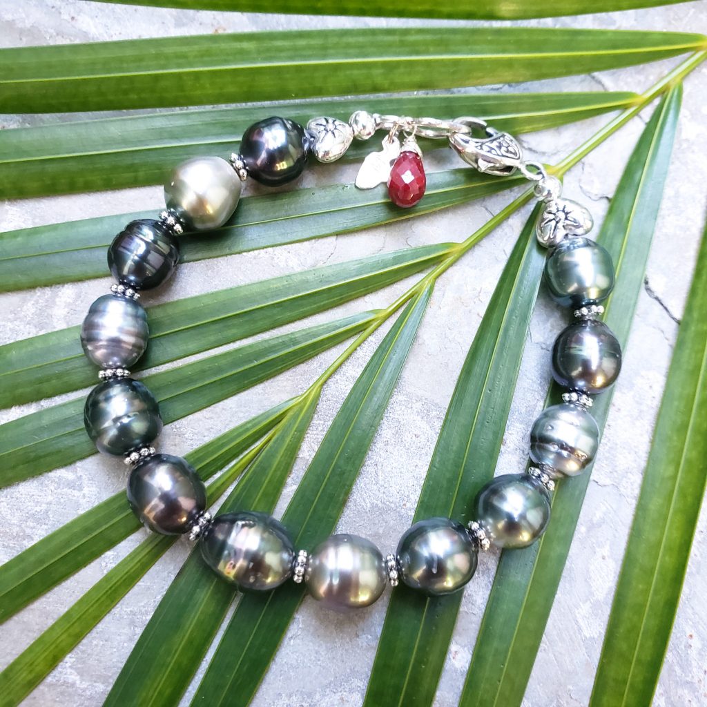 Tahitian Pearls, Ruby & Sterling Silver Bracelet