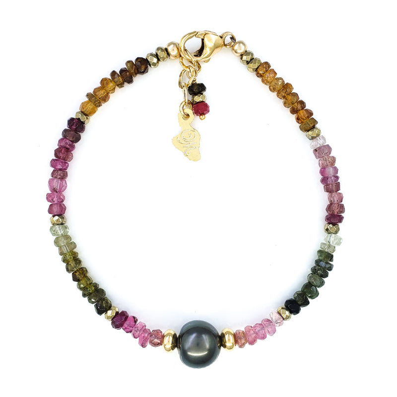 Watermelon Tourmaline Gold Bracelet with 8mm Tahitian Pearl