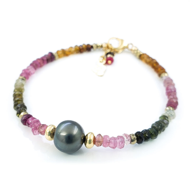 Watermelon Tourmaline Gold Bracelet with 8mm Tahitian Pearl