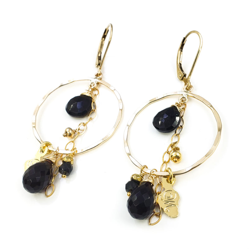 Round Hammered Gold Earrings with Black Spinel and Maui Charms