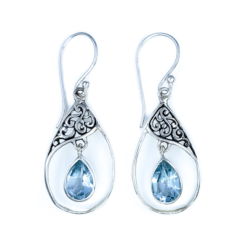 Droplet Blue Topaz Earrings with Sterling Silver Filigree