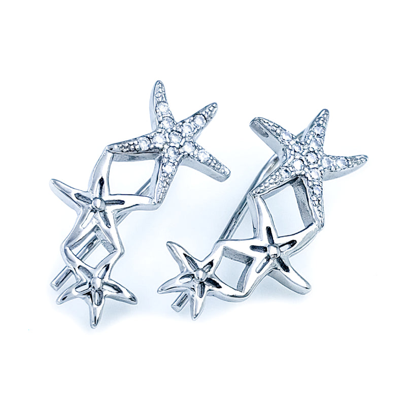 Sterling Silver & Cubic Zirconia Earrings with 3 Starfish (Earcrawler)