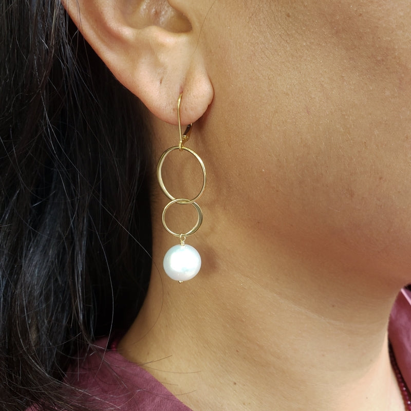 Long Dangly Gold Earrings with 11mm White Edison Pearls