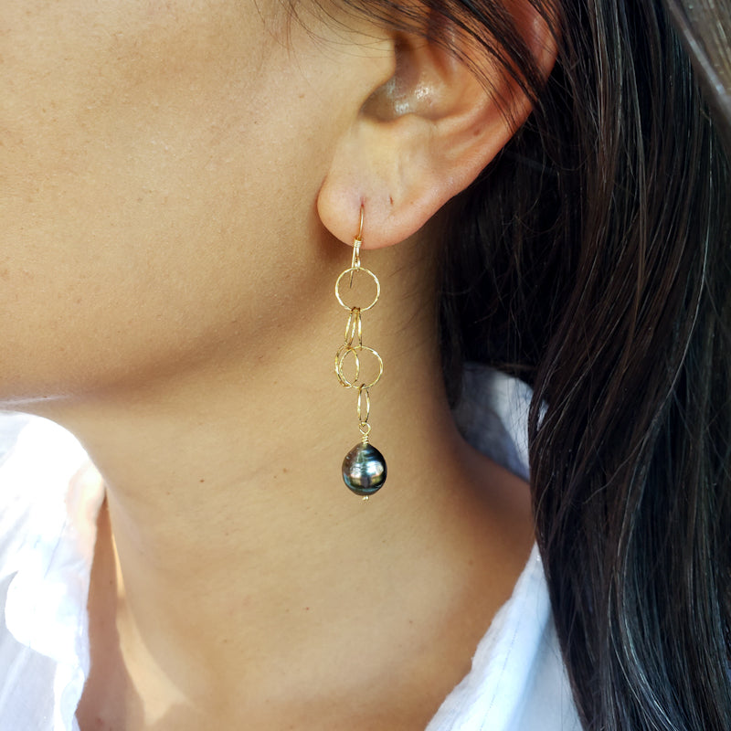 Long Dangly Gold Earrings with Tahitian Pearls