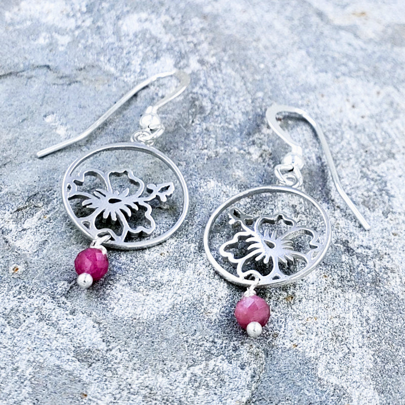 Wailea Earrings – Sterling Silver Hibiscus with Pink Tourmaline