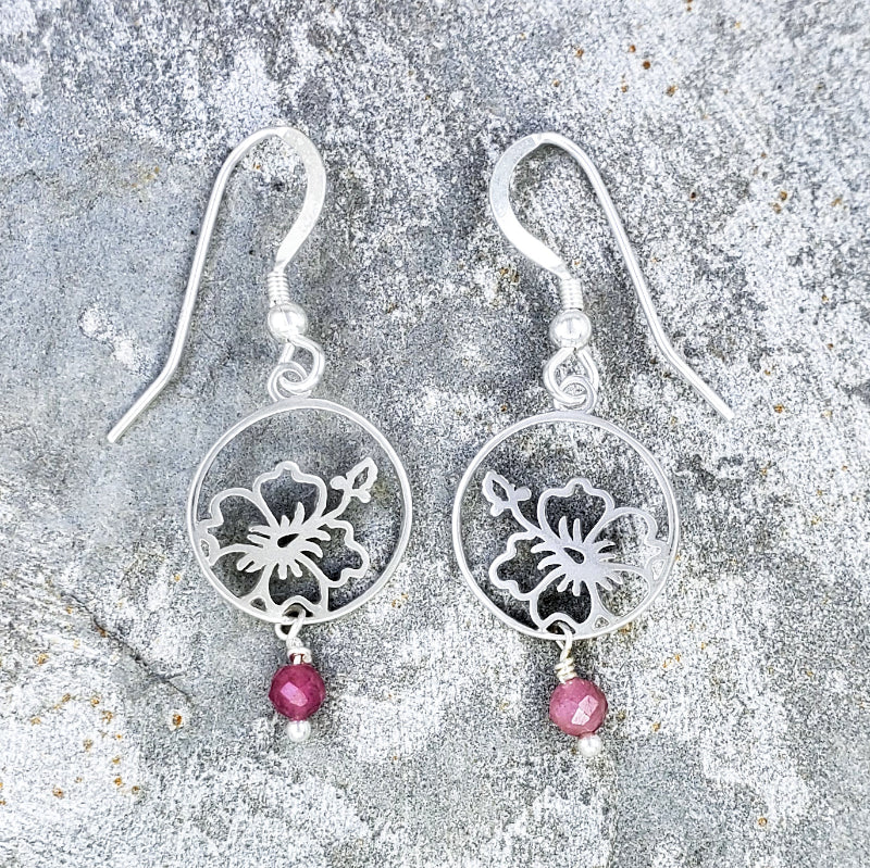 Wailea Earrings – Sterling Silver Hibiscus with Pink Tourmaline