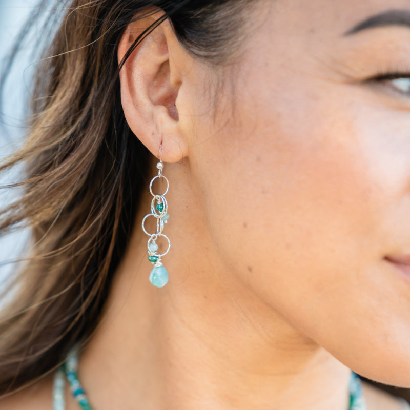 Long Dangly Sterling Silver Earrings with Larimar and Mystic Aventurine