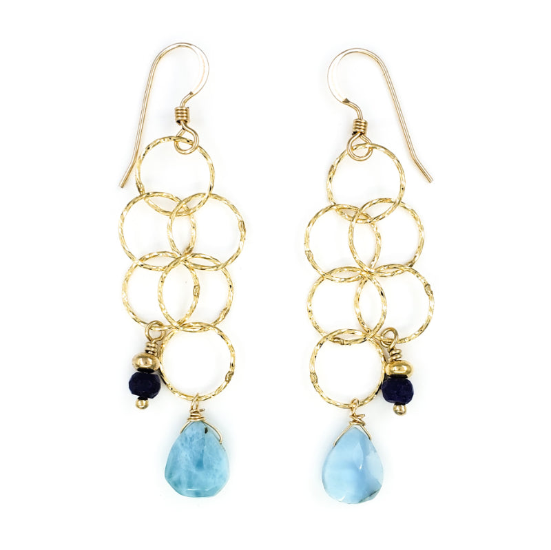 Long Dangly Gold Earrings with Larimar and Lapis