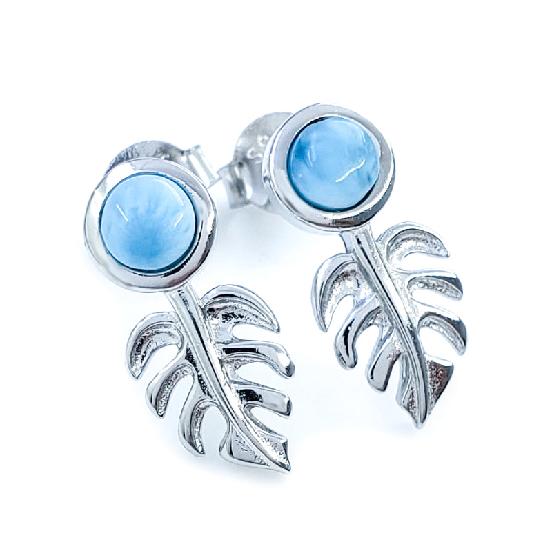 Sterling Silver & Larimar Monstera Stud Earrings