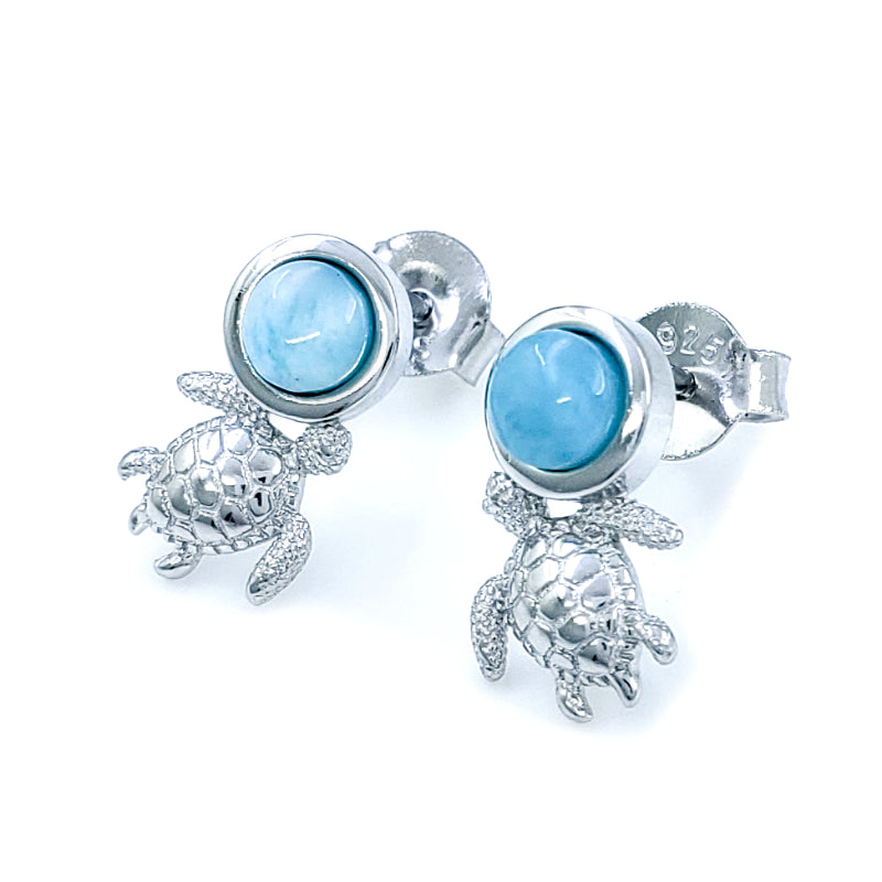 Sterling Silver & Larimar Turtle Stud Earrings