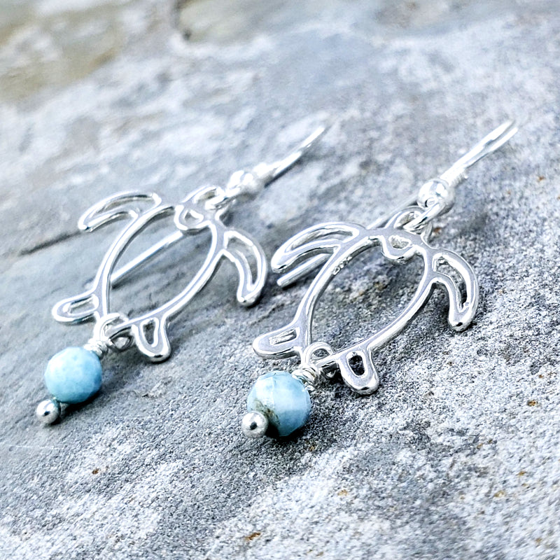 Honu Earrings – Sterling Silver Turtle with Larimar