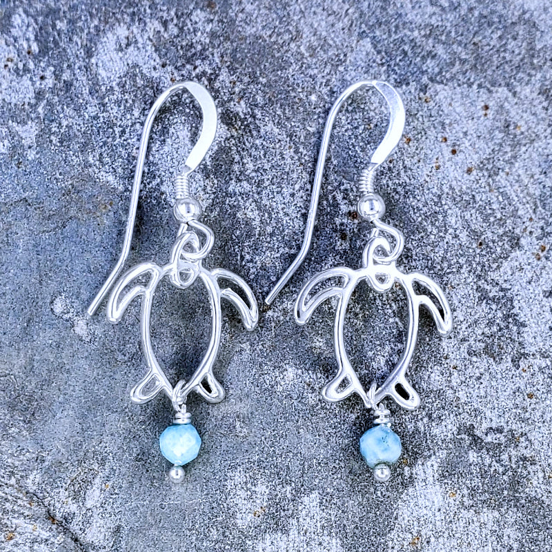 Honu Earrings – Sterling Silver Turtle with Larimar