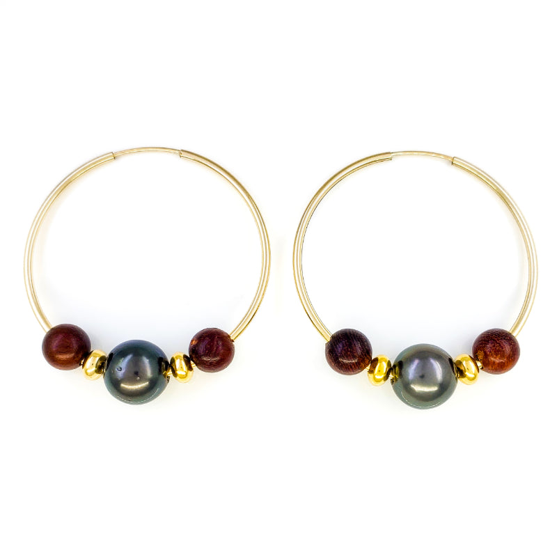 14k Gold Filled Hoop Earrings with 8-9mm Tahitian Pearls and Monkeypod Wood Beads