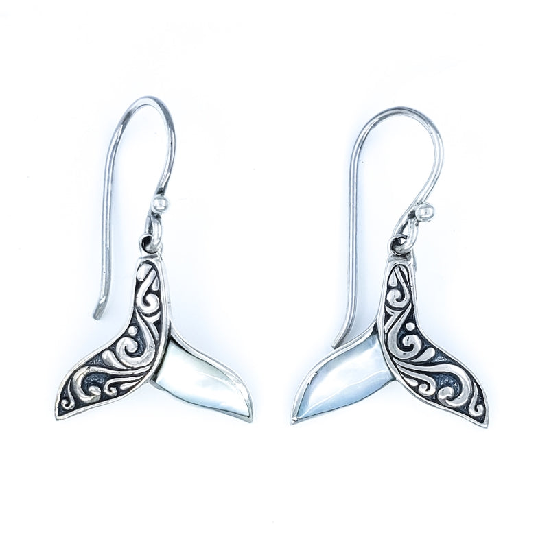 Ornate Sterling Silver Whale Tail Earrings with White Mother of Pearl